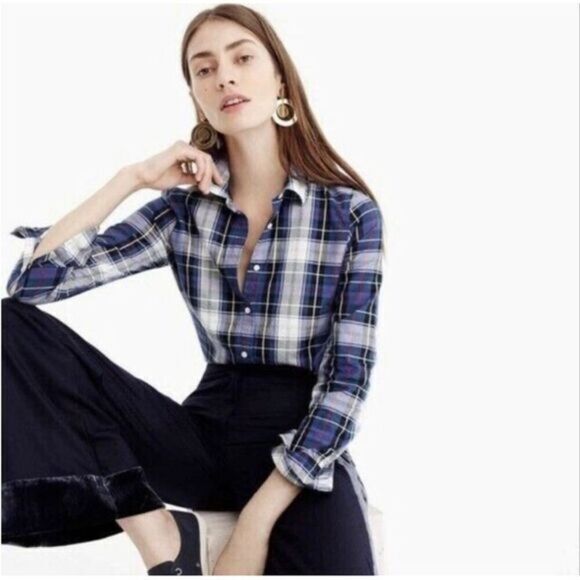 J. Crew Perfect Button Down Shirt in Blue Tartan Plaid Print - Picture 1 of 11